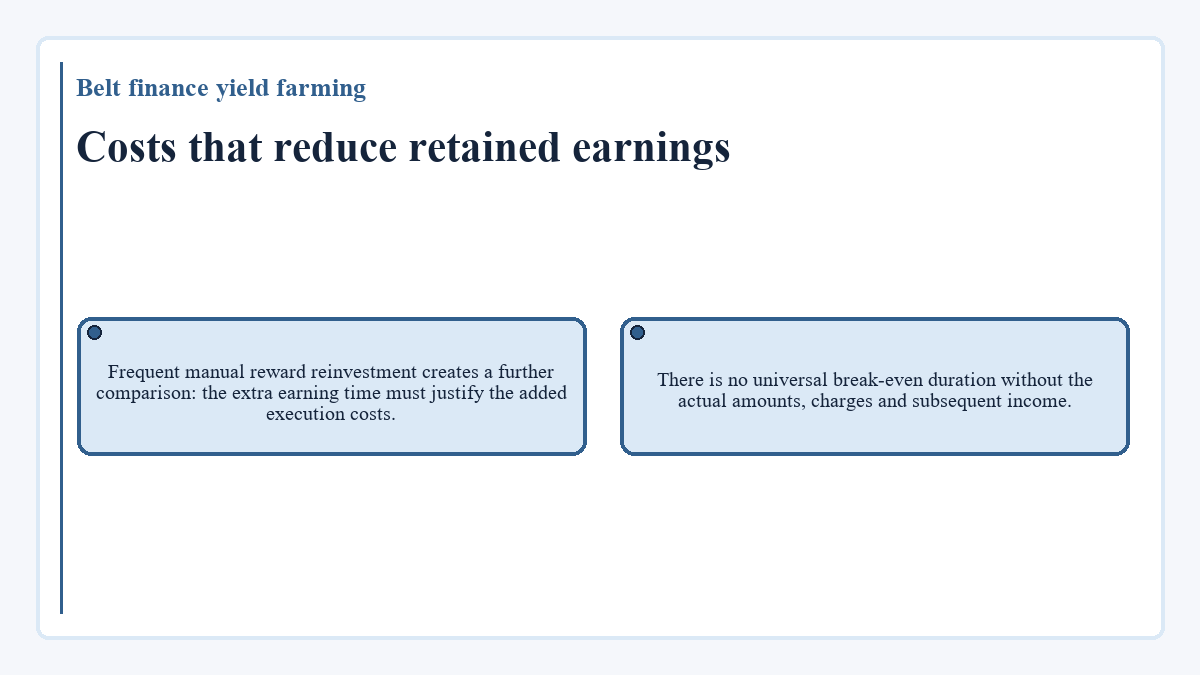 Costs that reduce retained earnings: Frequent manual reward reinvestment creates a further comparison: the extra earning time must justify the added execution costs.; There is no universal break-even duration without the actual amounts, charges and subsequent income.
